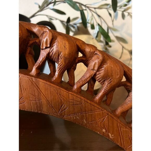 Hand carved Wood Elephant Train Bridge Made in Thailand 5 Elephants - Picture 2 of 13